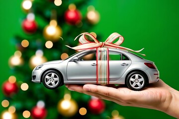 Wrapped Car Gift for Celebration: A hand presents a wrapped car gift in front of Christmas tree with ornaments, the scene perfectly captures the spirit of giving and joyous celebration.