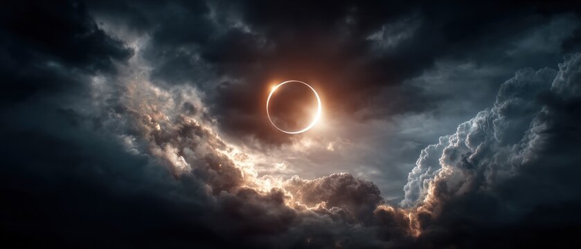 Solar eclipse viewed through dramatic clouds