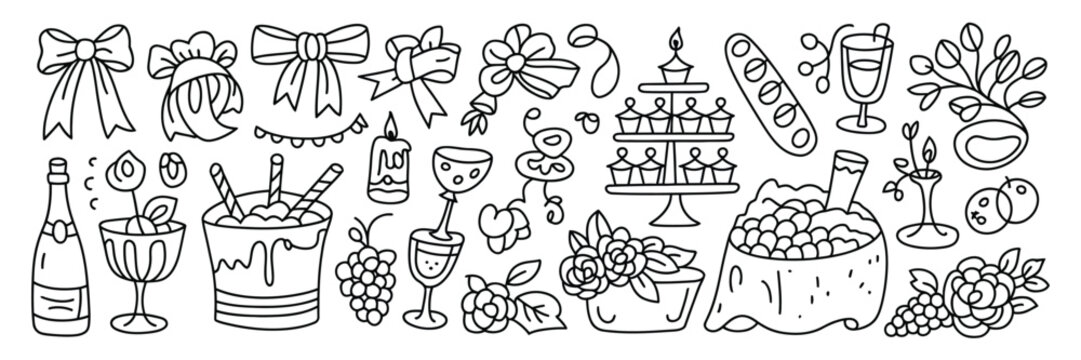 Doodle wedding dinner icon set, hand drawn vector illustrations of festive food, cake, champagne, and canapes, isolated on background, suitable for wedding invitations, menus, and event designs.