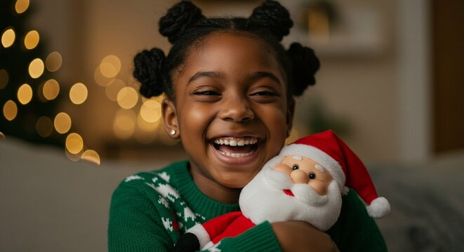 A smiling girl in a christmas sweater holding a santa claus plush toy with christmas lights