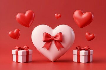 Love's Embrace: A symbol of love with hearts, gift boxes on a red background, evoking feelings of romance and affection.