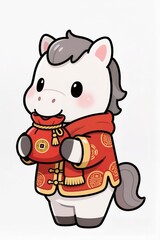 Obraz premium Cute chibi white horse dressed in red-and-gold Chinese New Year decorations, holding a small gift pouch in its mouth, glossy mascot figure style, white background