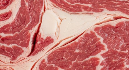 Closeup view of raw red meat with intricate marbling and white fat