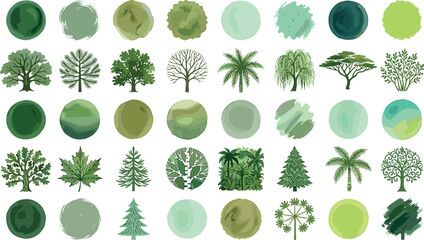Green botanical icon set with stylized tree and foliage badges, watercolor circles, tropical palms, conifer and deciduous silhouettes for branding