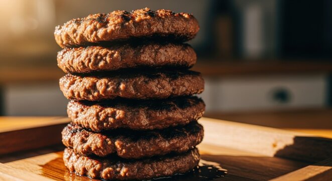 Stack of freshly grilled hamburger patties on a wooden board, ready to serve