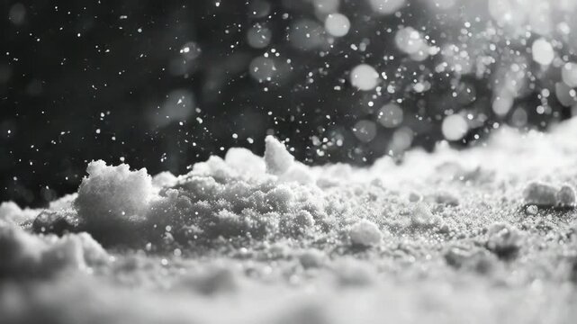 A beautiful winter scene with a ground covered in fresh snow and snowflakes gently floating down from the sky