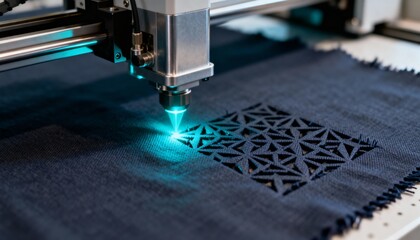 Detailed view of laser cutting precise patterns on fabric showcasing technology for intricate textile designs with accuracy.