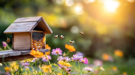 Serene meadow with wildflowers and a solar powered beehive with bees flying in warm golden hour sunlight creating a peaceful natural scene