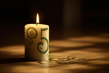 A candle with the number 5 on it is lit