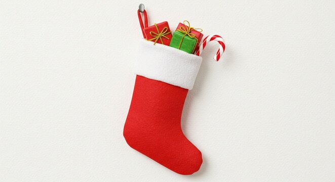 A christmas stocking hanging on a hook filled with gifts and a candy cane on white background