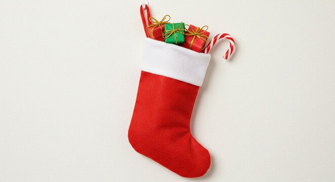 A christmas stocking filled with gifts and a candy cane hanging on a white background