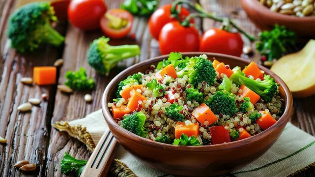A colorful and nutritious vegetable salad featuring quinoa as a base. The bowl is placed on a wooden surface with more vegetables scattered around it, suggesting freshness and wholesomeness.