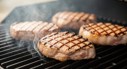 Four juicy steaks with perfect grill marks cooking on a hot barbecue