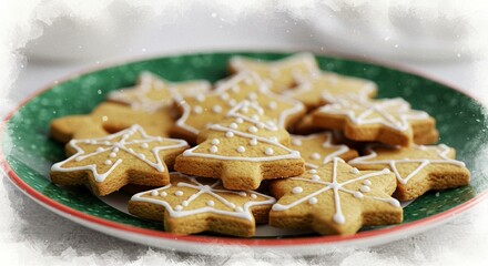 A plate of christmas cookies shaped like stars and trees with white icing decorations