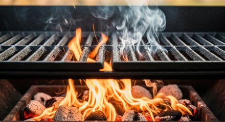 Closeup of a barbecue grill with hot charcoal flames and smoke rising