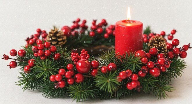A christmas wreath with red berries, pine cones, green needles and a lit red candle center