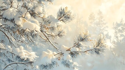 Pine branches under snow with soft morning light behind