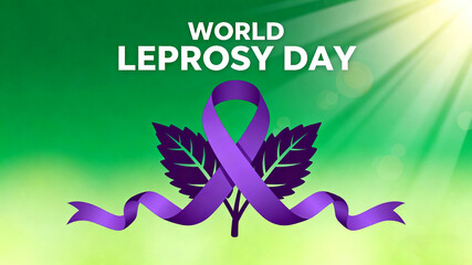 Purple ribbons and leaf decorations paired with "WORLD LEPROSY DAY" represent care and hope for the leprosy community, suitable for public welfare promotion or holiday commemoration.
