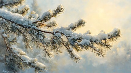 Pine branches under snow with soft morning light behind