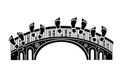 Obraz premium Black silhouette illustration of a bridge with multiple human feet on the railing against a white background.