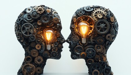 Two opposing human head silhouettes made entirely from intricate gears