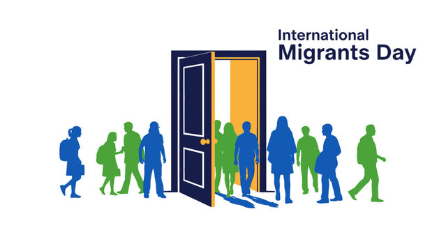 Illustration of diverse people walking through an open door on International Migrants Day with a white background.
