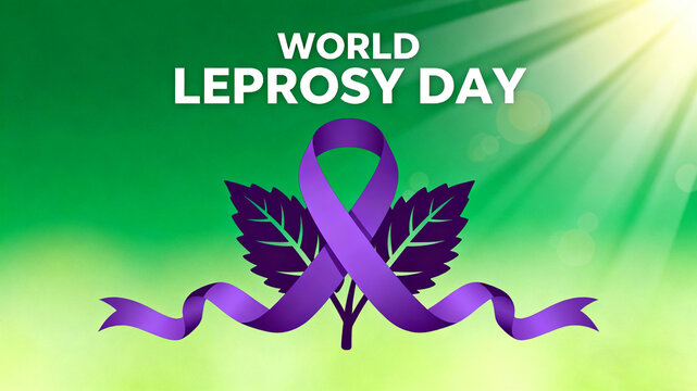 Purple ribbons and leaf decorations paired with "WORLD LEPROSY DAY" represent care and hope for the leprosy community, suitable for public welfare promotion or holiday commemoration.
