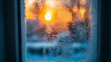 Frosted glass with warm indoor glow in wintery evening