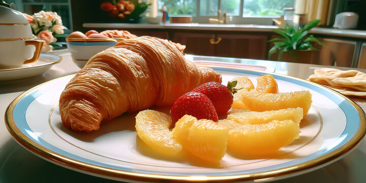 Flaky croissant with strawberry and orange slices on elegant porcelain plate