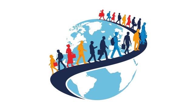 A diverse group of people walking around a blue globe on a curved path against a white background with a symbolic and harmonious mood.