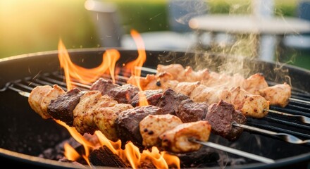 Delicious chicken and beef skewers grilling over open flames on a barbecue