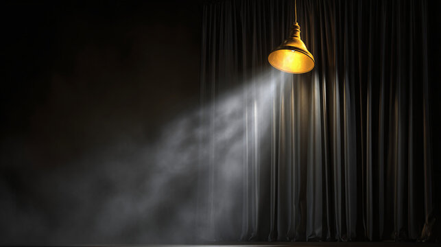 An illuminated stage spotlight, casting light on a shadowy area with curtains