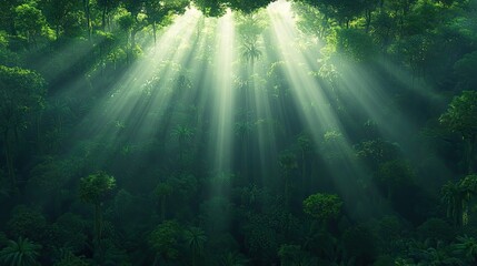 Sunlight Rays Pierce Dense Emerald Green Forest Canopy Creating a Mystical Atmosphere with Lush Foliage and Dappled Light Shimmering