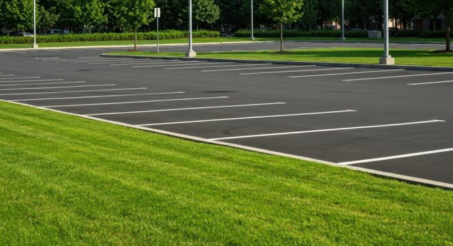 Empty parking lot bordered by lush green grass, trees, and paved asphalt