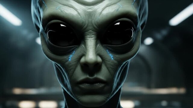Alien Encounter: Close-Up of Extraterrestrial Being in Futuristic Setting.