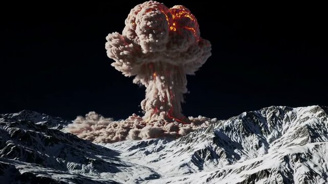 Dramatic Explosion Over Snowy Mountains with Fire and Smoke Clouds in Vivid Sunlight