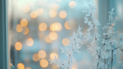 Ice crystal patterns on windows with blurred lights beyond