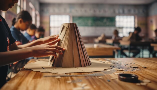 A student's hands carefully construct a cardboard volcano model during a science or craft lesson in a classroom.