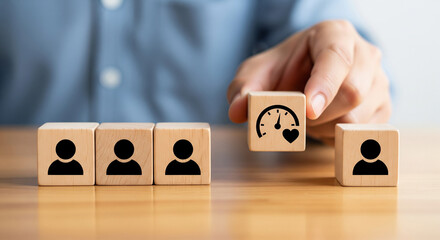 Hand places wooden block with gauge and heart icon