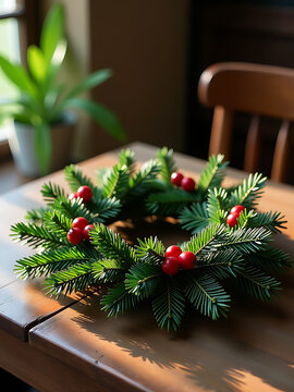 lush handcrafted winter wreath crafted dark green evergreen twigs adorned scarlet berries sits rustic wooden table amidst