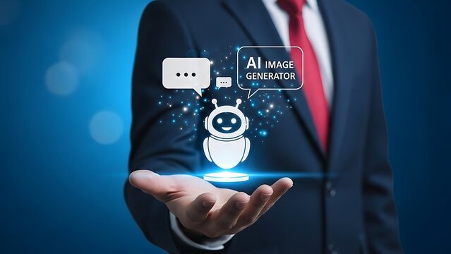 Businessman presenting ai image generator chatbot concept idea