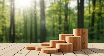 Obraz premium Wooden product display podiums showcase natural beauty against a blurred forest backdrop perfect for cosmetic or organic product presentations
