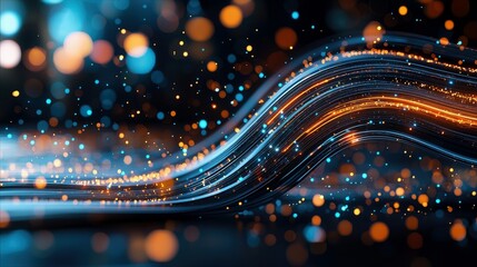 An abstract digital illustration of flowing data streams with glowing orange and blue lights against a dark background, evoking a sense of technology and innova