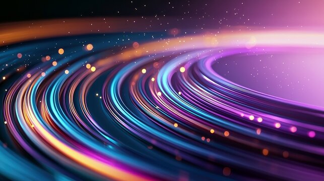 Abstract image of colorful data streams flowing in a circular pattern with bokeh and light effects.