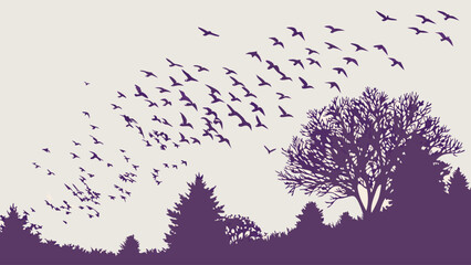 Purple Silhouette of Migrating Birds Flying Over Forest Landscape for Nature Travel Environmental Conservation and Serene Escape