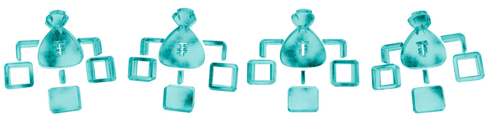 Set of four 3D mongolian tugrik income distribution shapes in frosted blue ice glass style, isolated on a transparent background. Glassmorphism icons and 3D elements for modern graphic design.