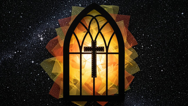 Gothic arch window with illuminated cross silhouette against a starry night sky background - Powered by Adobe