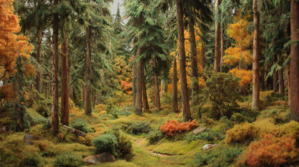 An enchanting forest scene with tall trees, lush greenery, and a pathway leading through the woods. The scene evokes a sense of tranquility and natural beauty