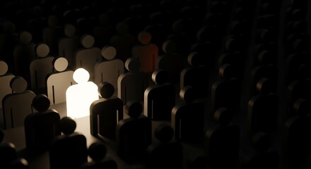 Obraz premium Illuminated figure stands out among a crowd of dark figures symbolizing individuality and leadership in a unique and conceptual representation