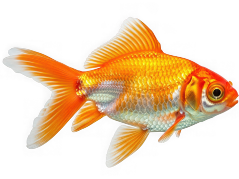 A vibrant orange goldfish swimming gracefully with shimmering scales and flowing fins, isolated on transparent background